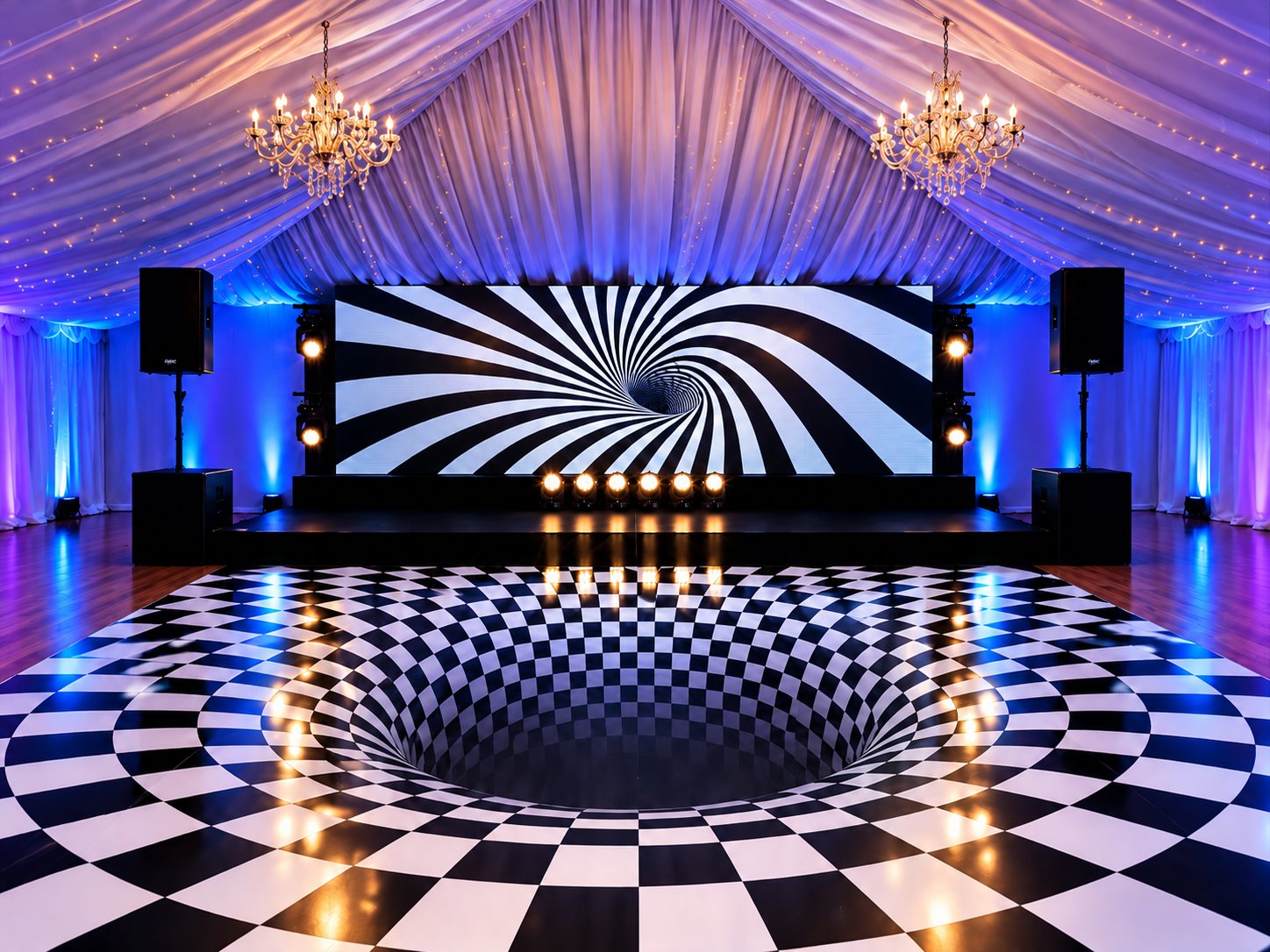 Printed black and white checkered dancefloor with optical illusion effect, marquee event space